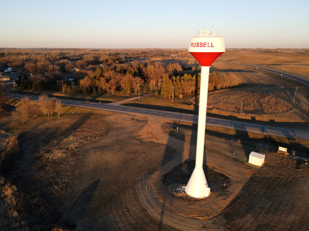 New water tower in the city of Russell MN, Cty Rd 23 - Bollig Engineering